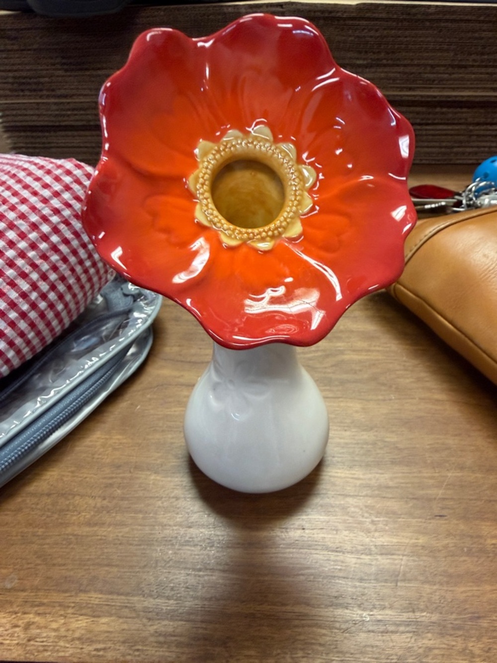 Vintage Tilted Grasslands Road Glass Flower Bud Vase in Red-Orange and White